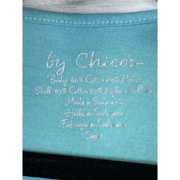 Chico's Shirt Womens Medium Aqua Blue Lace Crochet V-Neck Short Sleeve Modal - Picture 6 of 10